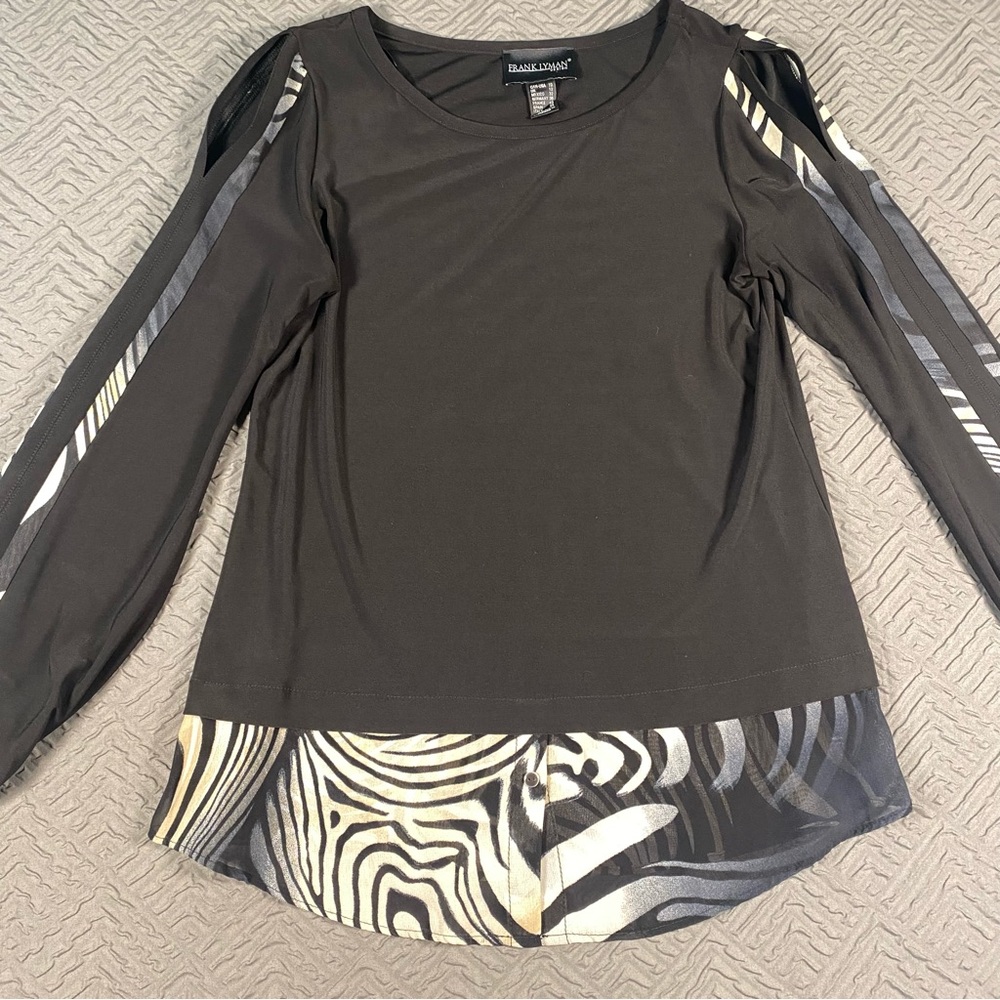 Frank Lyman Design Black & Animal Print Top Size 10 EUC